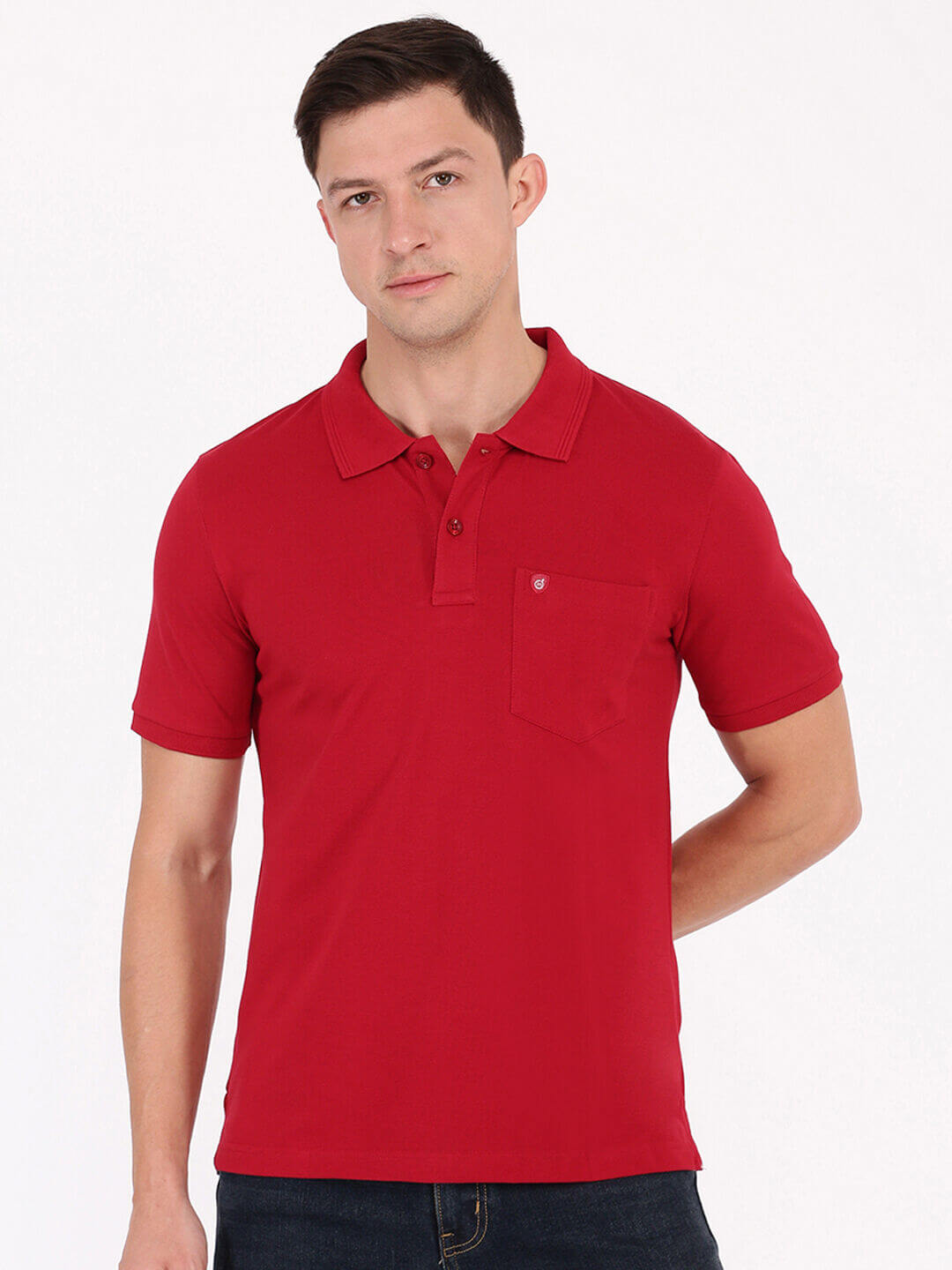 Smartz Basics Pique Polo T-Shirt in red, featuring a pocket, made of 60% cotton and 40% polyester for comfort and style.