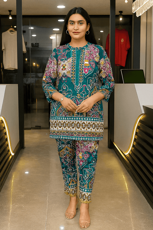 Emerald Bloom Printed Co-ord Set featuring vibrant teal floral motifs, styled with matching straight pants for elegant comfort.