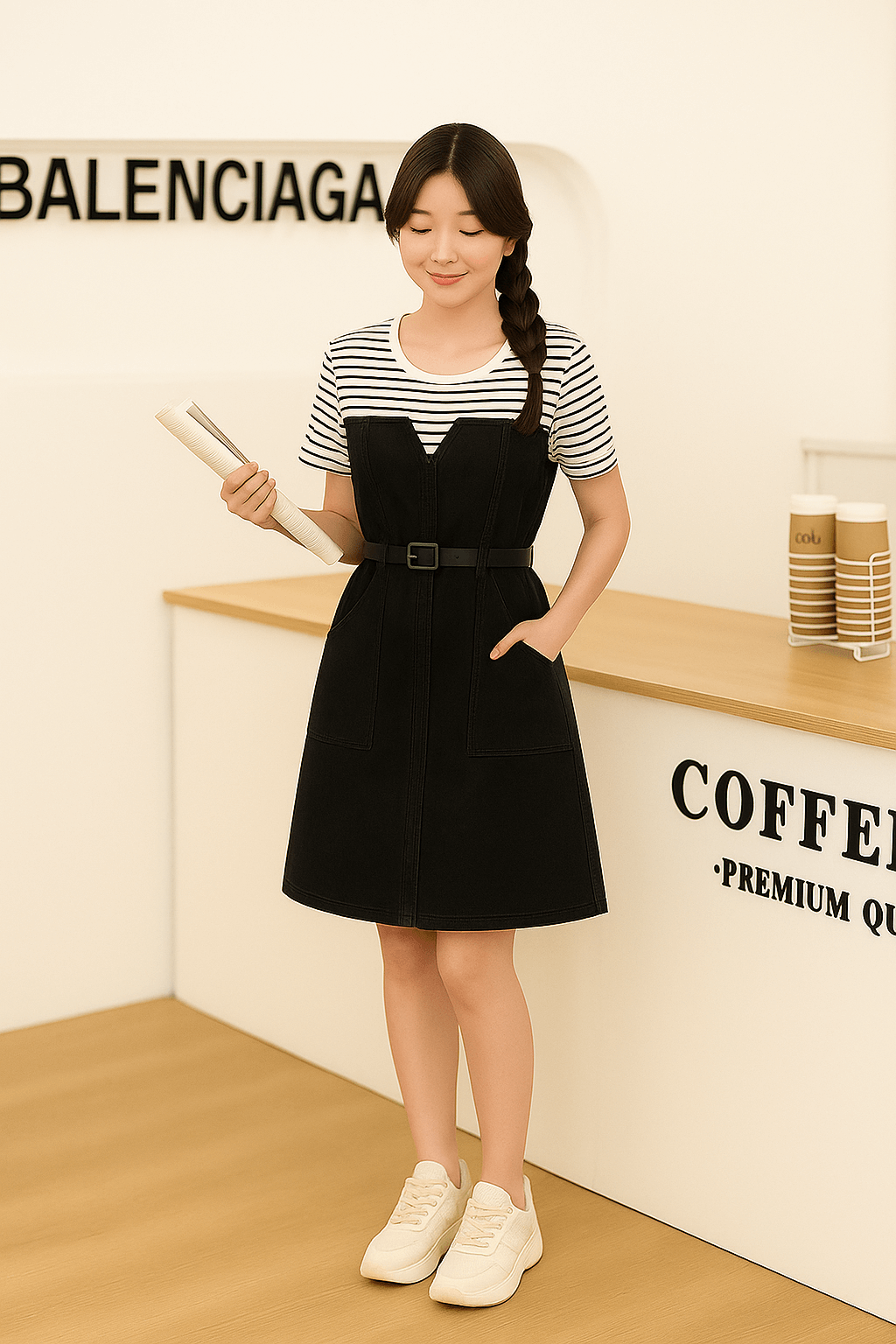 Woman in an Elegant Contrast Denim Dress with striped sleeves, black A-line skirt, and pockets, styled for casual chic looks.