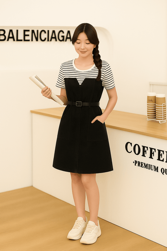 Woman in an Elegant Contrast Denim Dress with striped sleeves, black A-line skirt, and pockets, styled for casual chic looks.