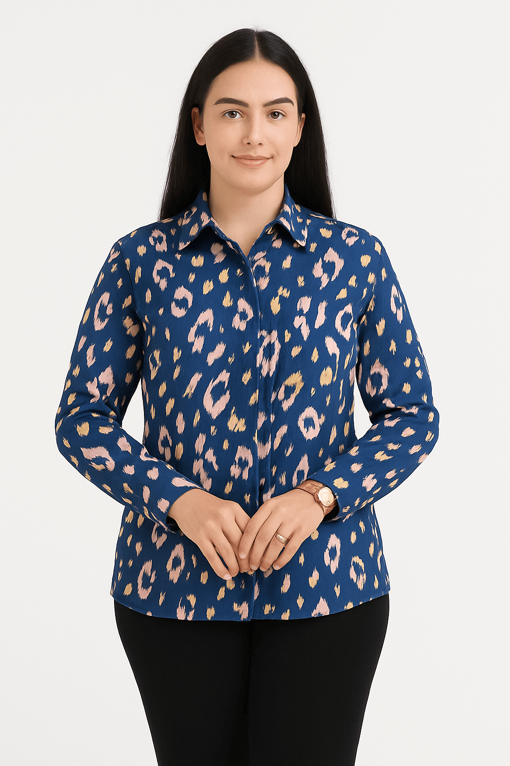 Women's navy leopard print full sleeve shirt featuring blush and mustard tones, perfect for casual and smart-casual outfits.