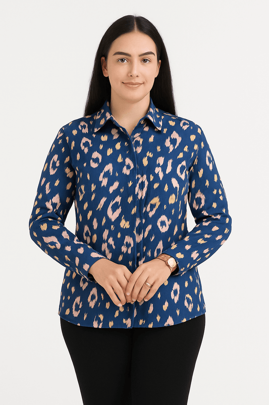 Women's navy leopard print full sleeve shirt featuring blush and mustard tones, perfect for casual and smart-casual outfits.