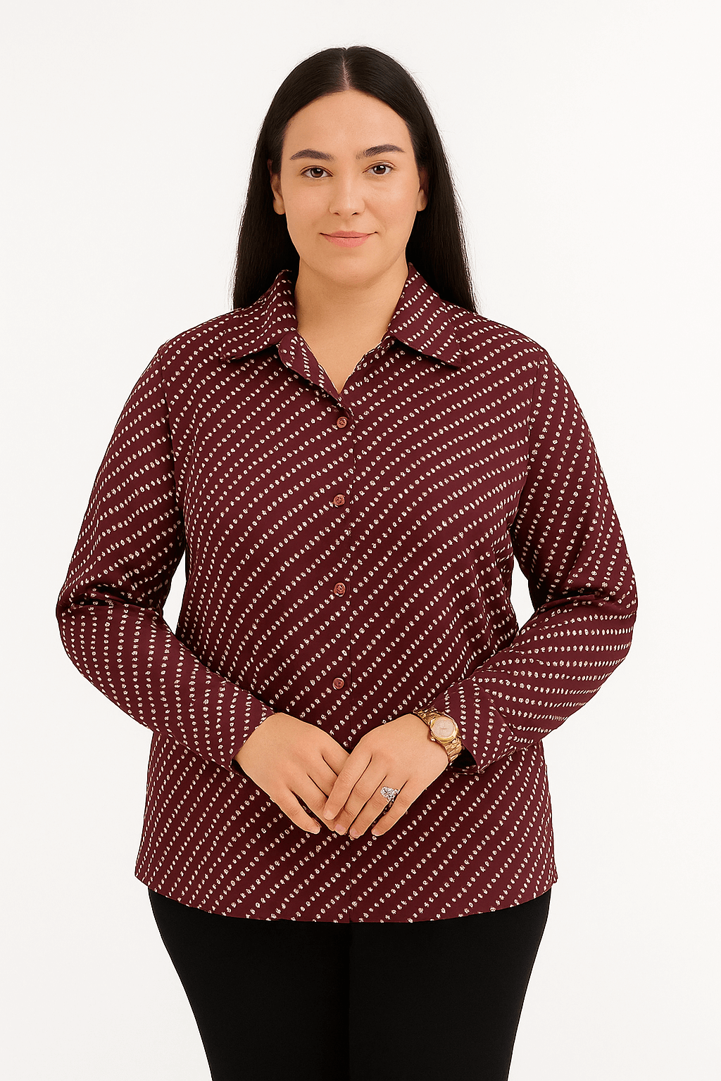 Women's maroon printed full sleeve shirt with diagonal dotted design, ideal for work or casual wear.