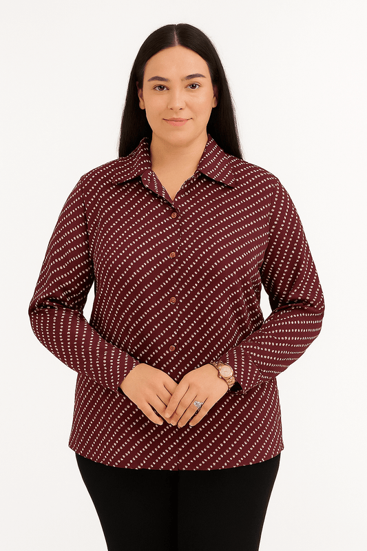 Women's maroon printed full sleeve shirt with diagonal dotted design, ideal for work or casual wear.