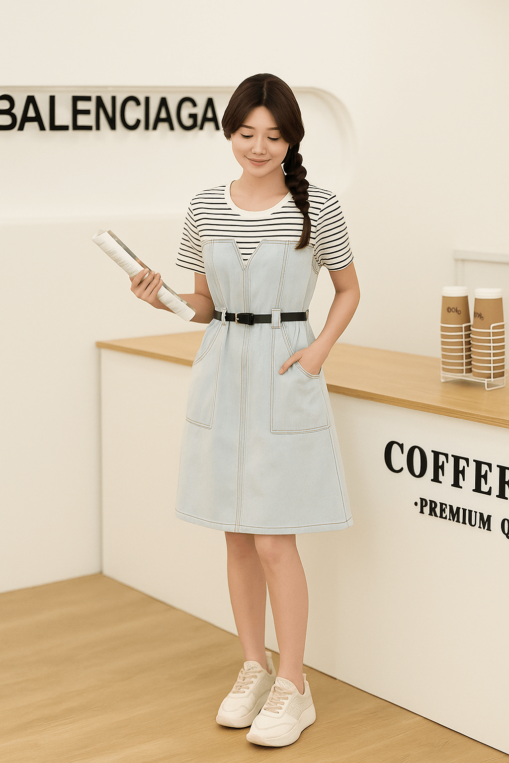 Woman wearing an Elegant Contrast Denim Dress with striped sleeves and pockets, styled for casual sophistication.