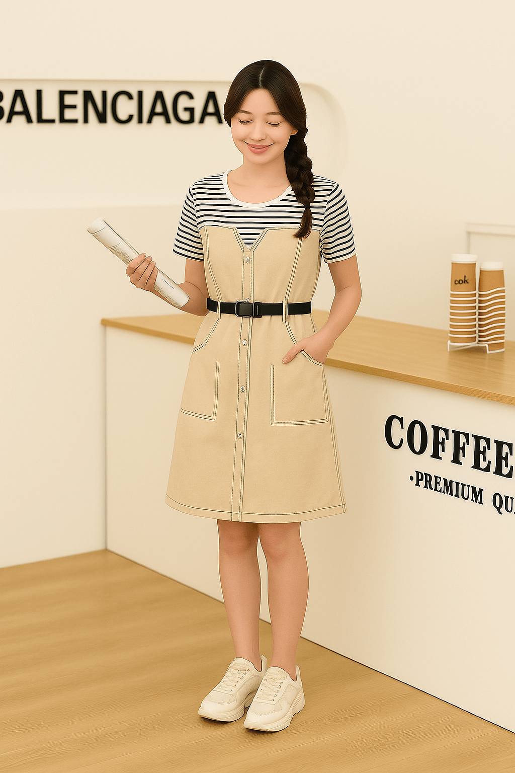 Woman wearing an Elegant Contrast Denim Dress with striped sleeves and a black belt in a modern cafe setting.