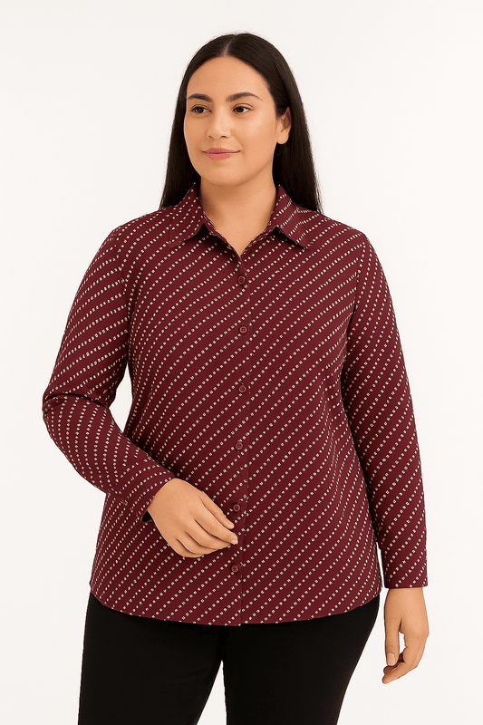 Women's maroon printed full sleeve shirt with diagonal dot pattern, perfect for casual or workwear styles.