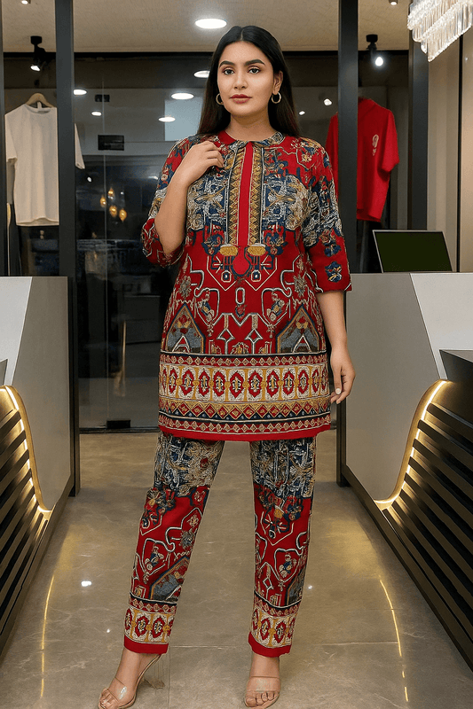 Emerald Bloom Printed Co-ord Set featuring floral designs and traditional motifs, perfect for festive occasions.