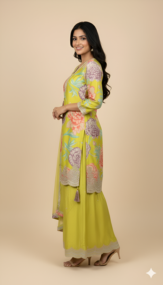 The "Tropical Garden" Lime Green Printed Silk Garara Set