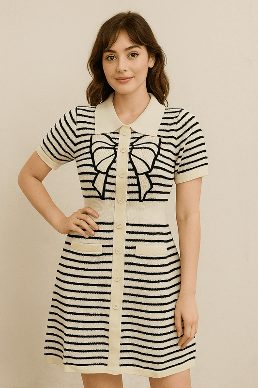 Bow Detail Striped Knit Dress