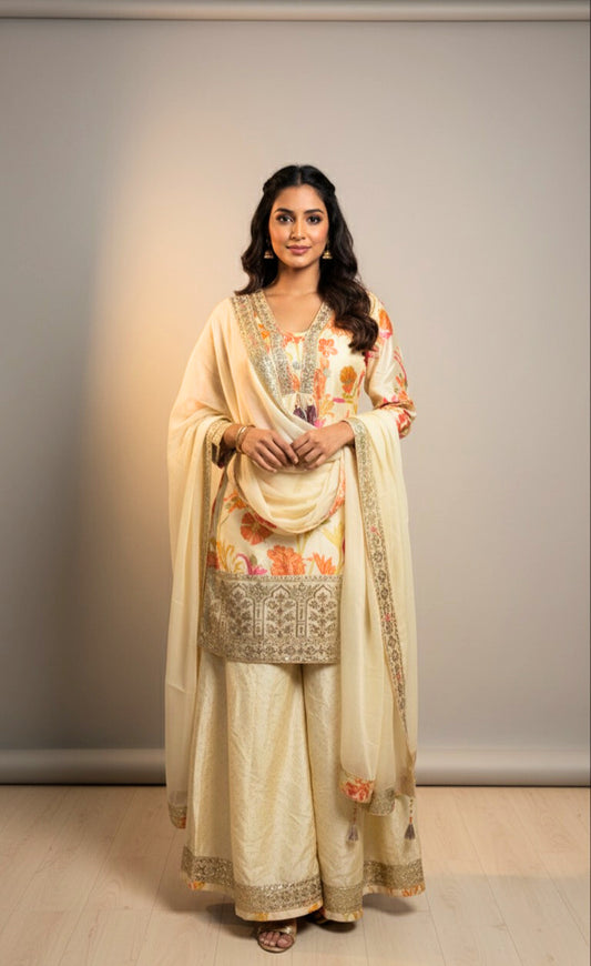 Ivory Floral Sharara Set with Embroidered Detailing – Festive Elegance