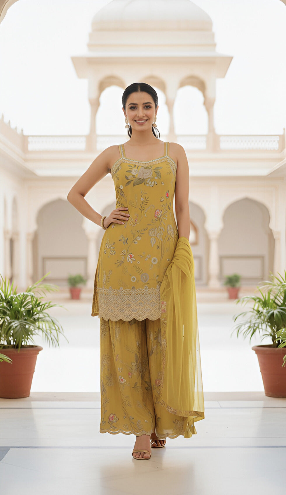 Mustard Floral Sharara Set with Dupatta – Graceful Festive Ensemble