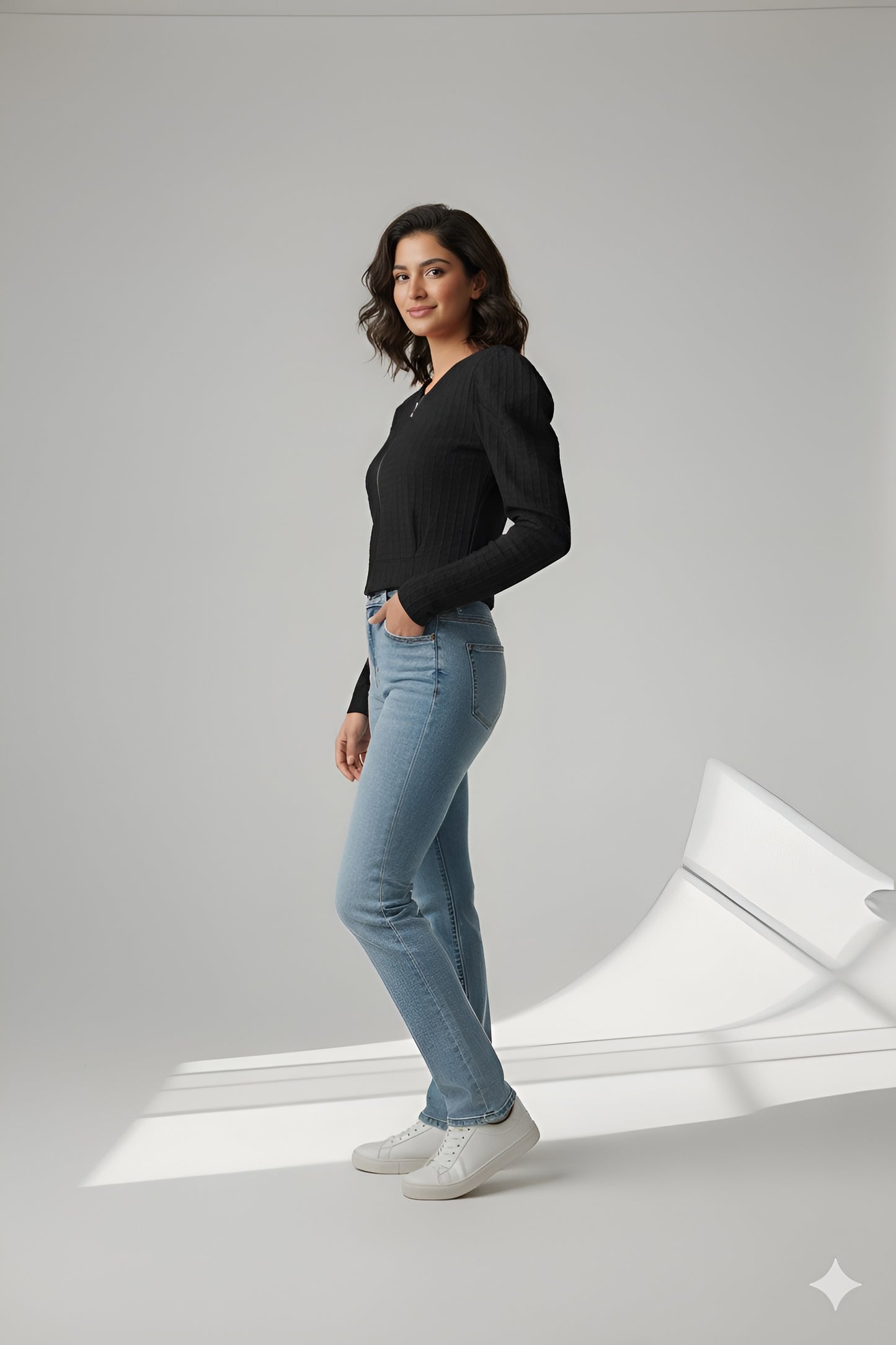 Black Puff Sleeve Cropped Zip Top