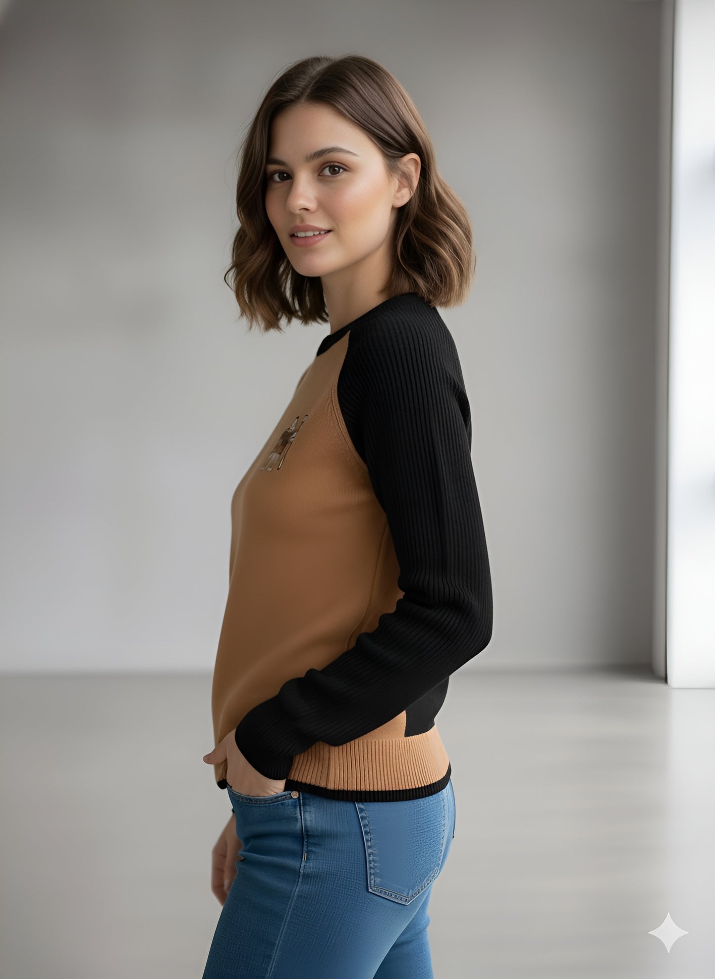 Camel & Black Contrast Sleeve Knit Top