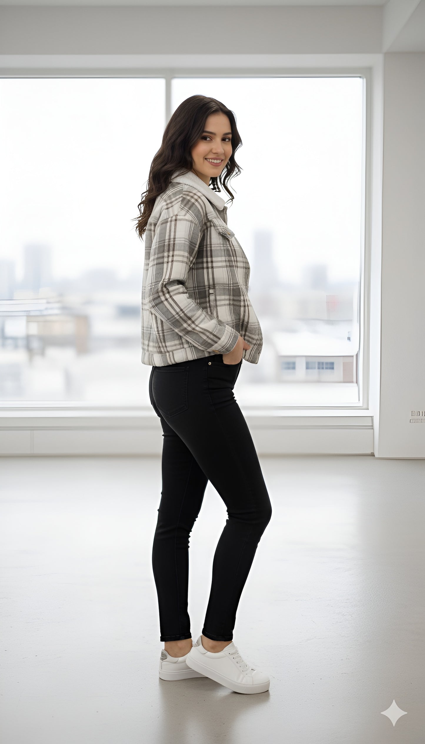 Grey & White Plaid Sherpa Collar Cropped Jacket
