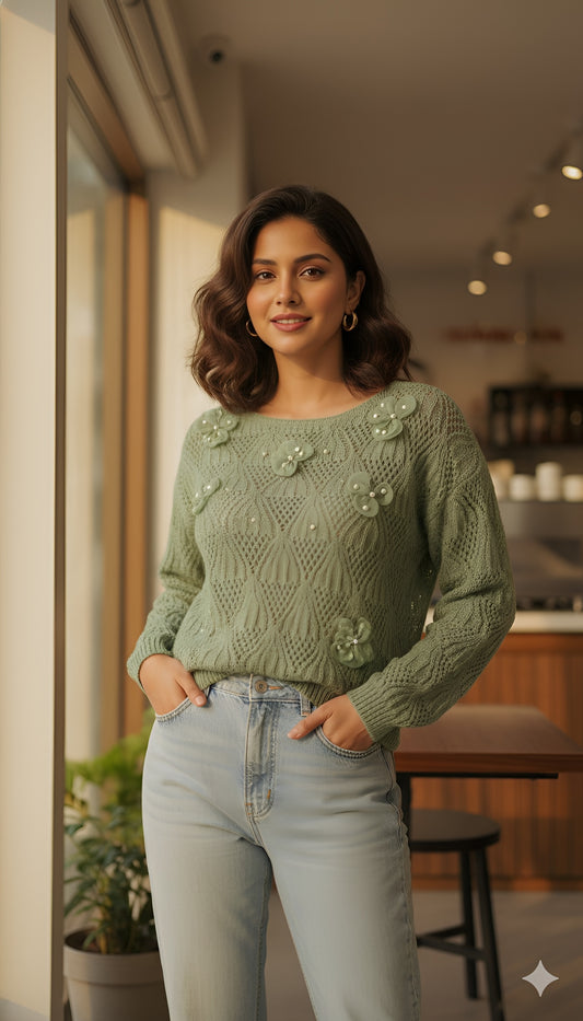 Dainty Blooms Textured Knit Sweater