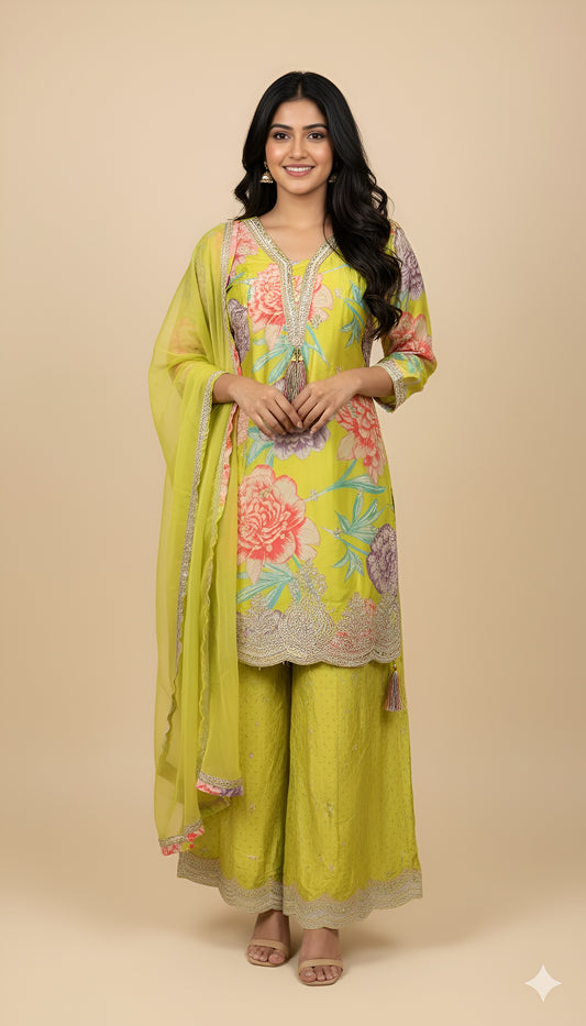 The "Tropical Garden" Lime Green Printed Silk Garara Set