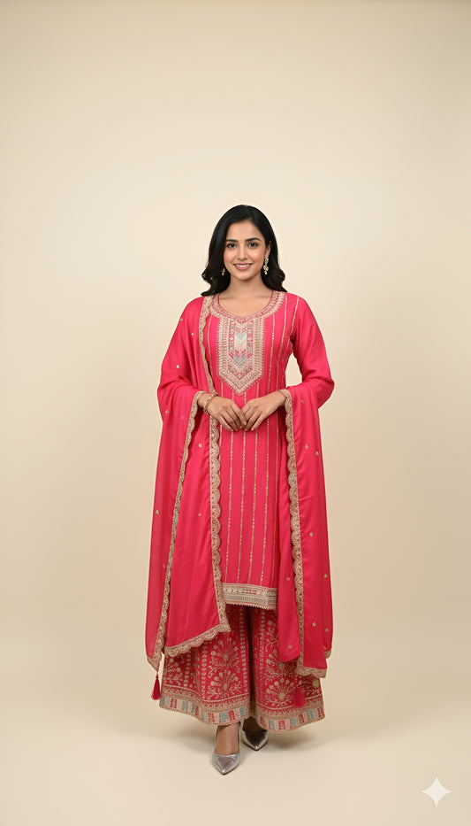 The "Summer Bloom" Digital Print Silk Suit Set with Embroidered Neck