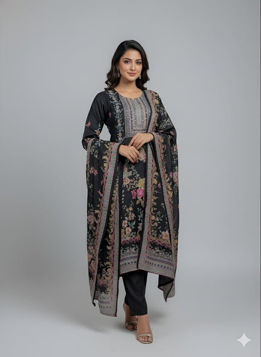 Women’s Black Floral Printed Suit Set with Dupatta