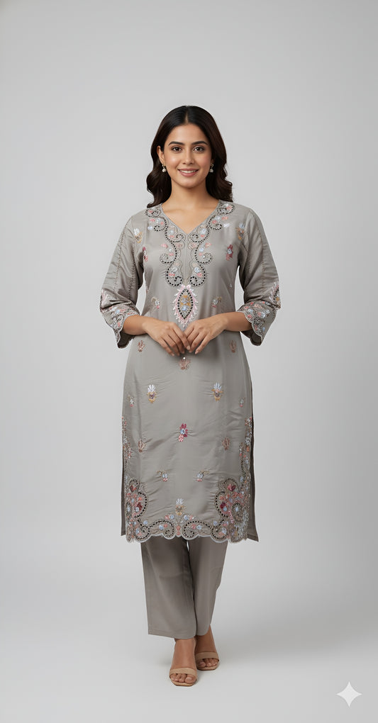 Women’s Grey Embroidered Kurta Set
