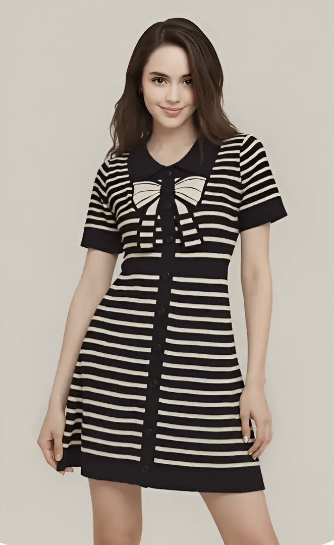 Bow Detail Striped Knit Dress