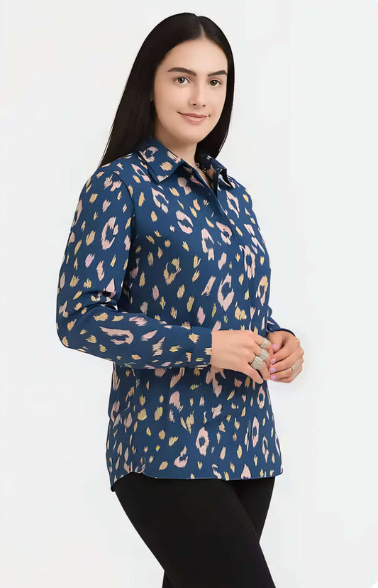 Women's navy leopard print full sleeve shirt in soft blush pink and mustard tones, perfect for casual and smart-casual wear.
