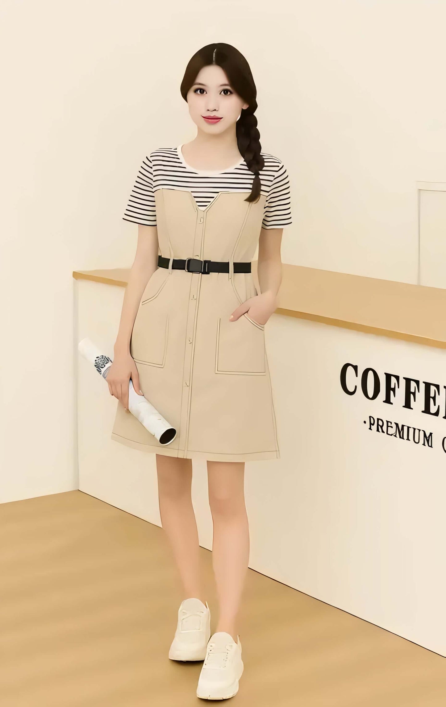 Model wearing an elegant contrast denim dress with striped sleeves and a belt, showcasing a casual yet stylish look.