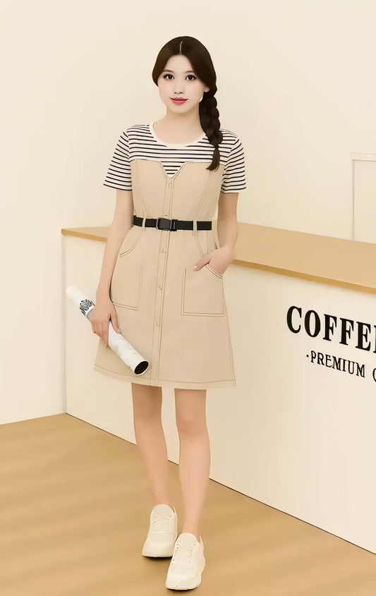 Model wearing an elegant contrast denim dress with striped sleeves and a belt, showcasing a casual yet stylish look.