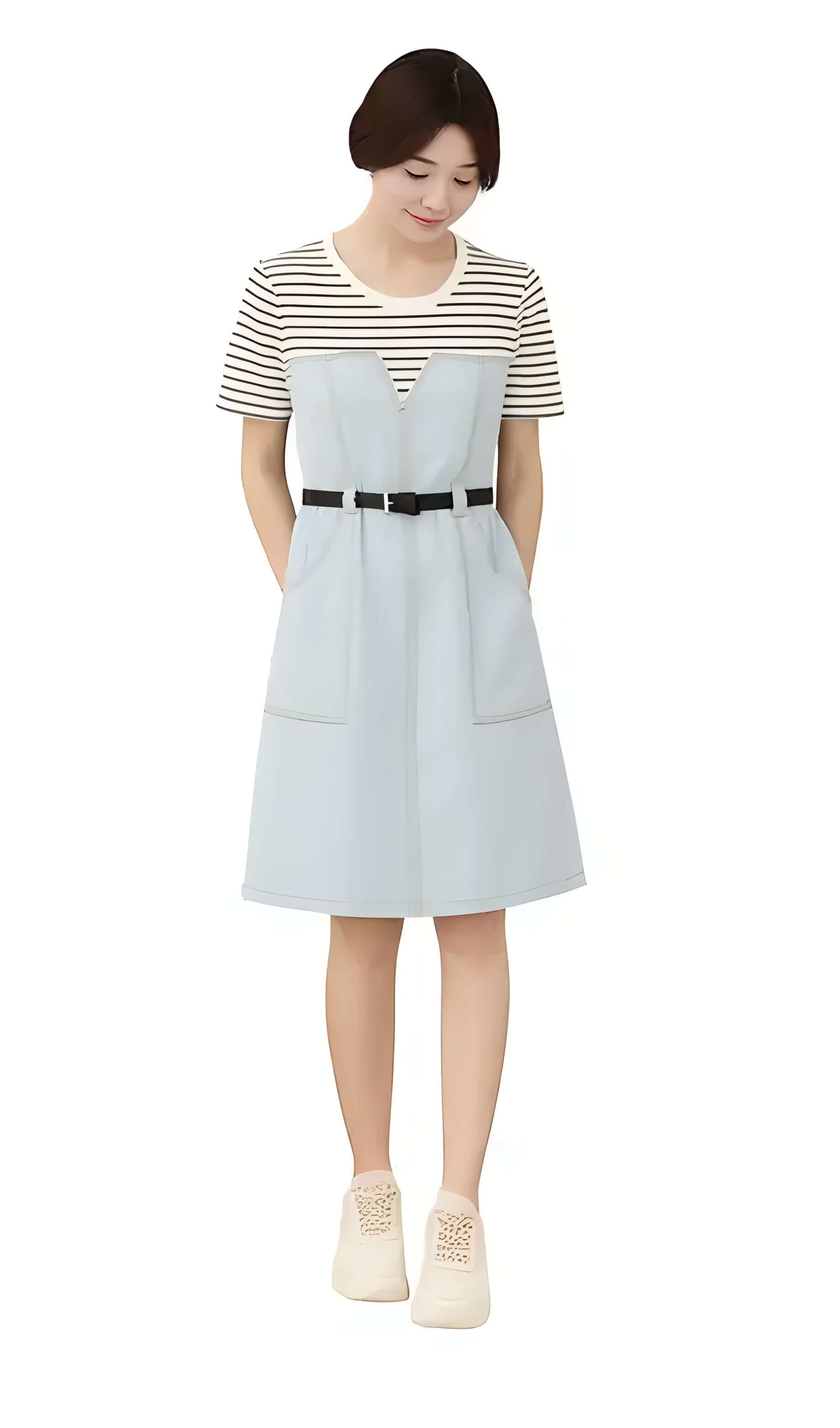 Elegant Contrast Denim Dress with striped sleeves, belted waist, and pockets in light blue, perfect for casual occasions.
