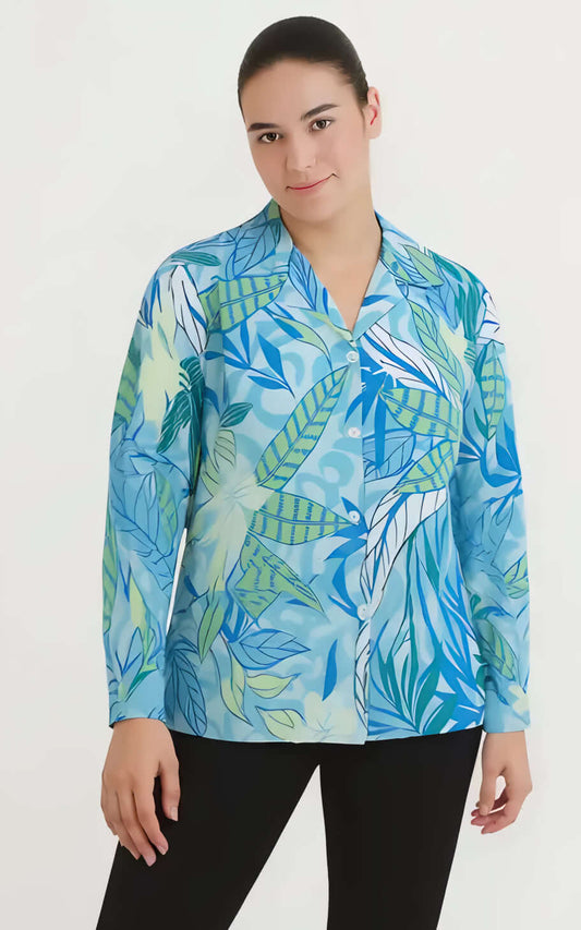 Tropical Breeze Button-Up Shirt featuring vibrant blue leaf print, perfect for casual outings and warm days.
