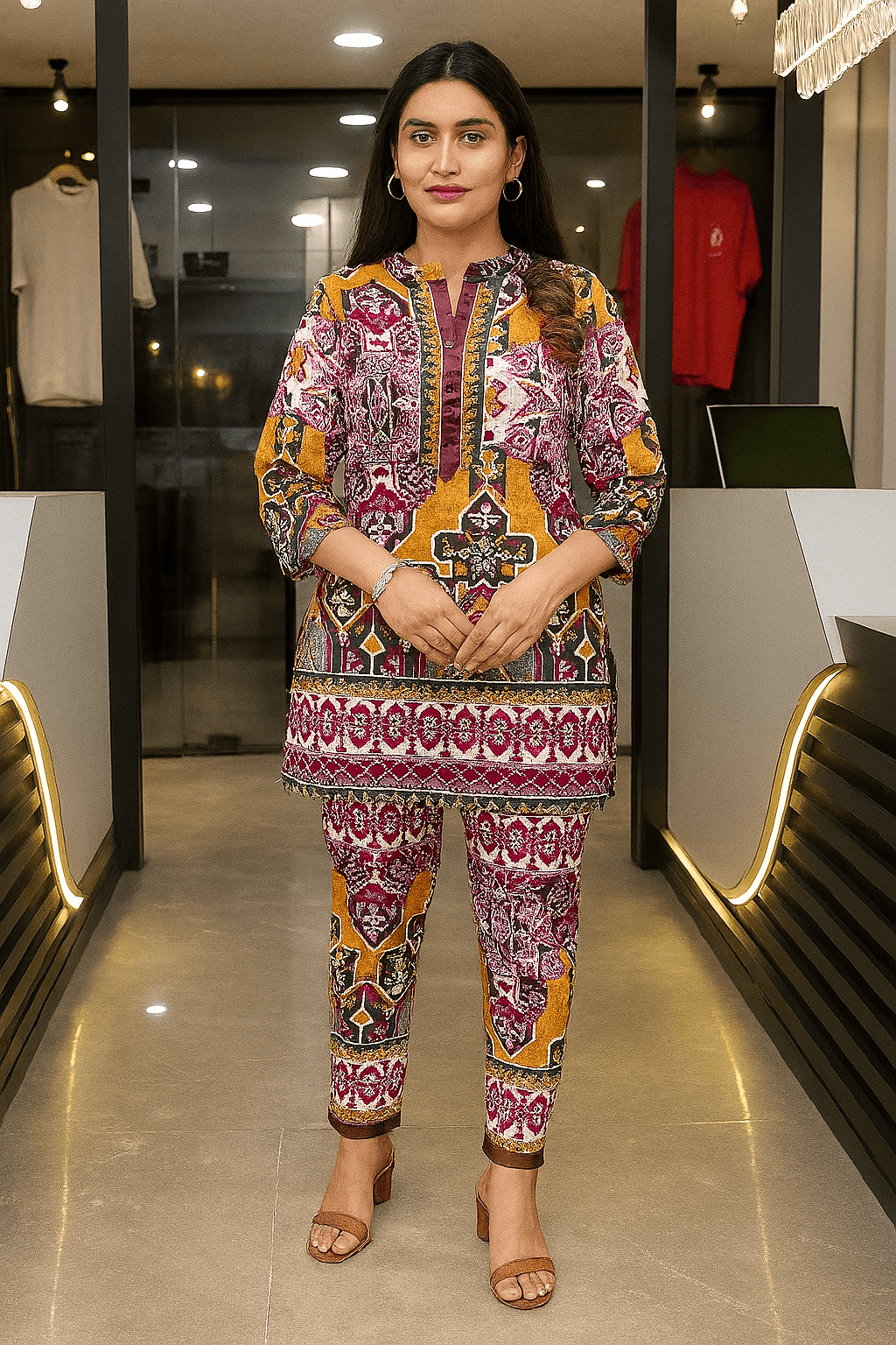 Emerald Bloom Printed Co-ord Set featuring vibrant floral motifs in a rich teal hue, perfect for festive occasions.